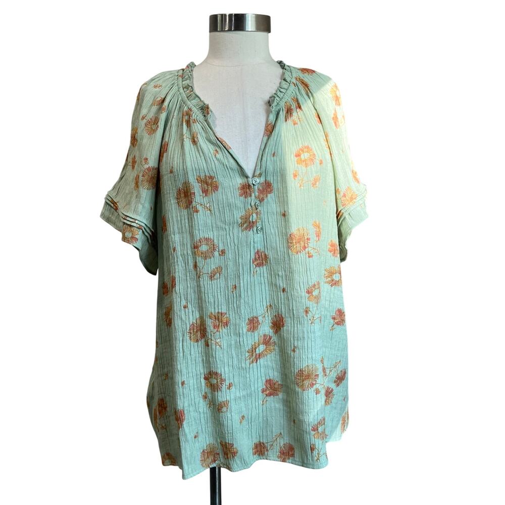 Wonderly Mint Green Floral Peasant Blouse with Orange Accents